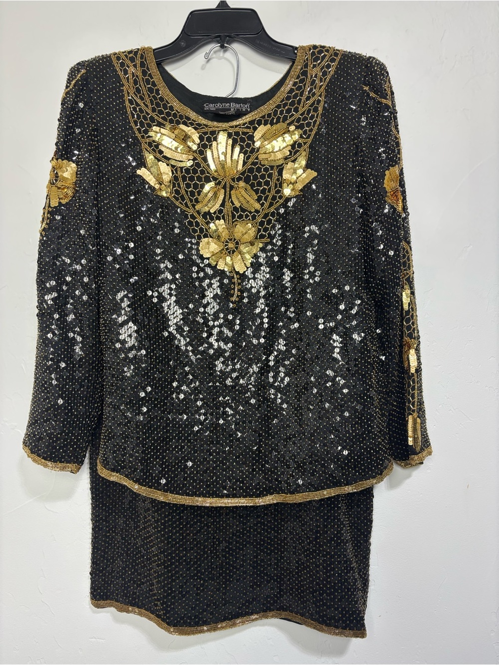 Carolyne Barton Night 100% Silk Skirt Set Small Vintage 80s Sequin Gatsby Art Wm